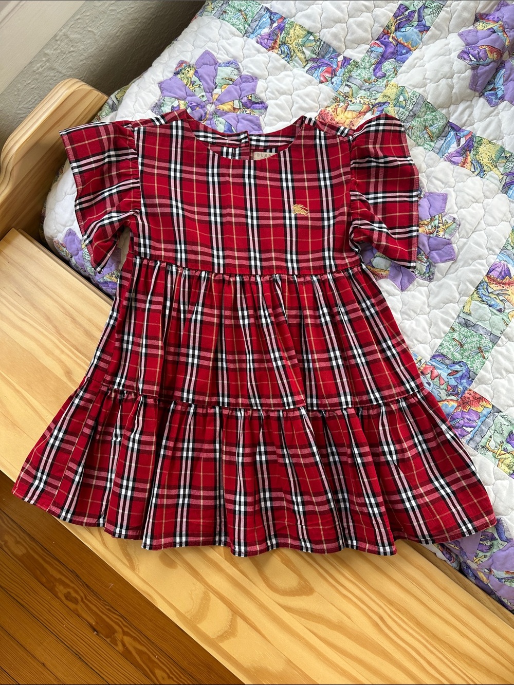 Authentic Burberry Red Plaid Dress with Butterfly Sleeves